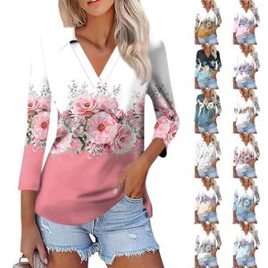 Women's Polos Summer Fashion Polo T-Shirts Casual Printed V-Neck Seven Sleeved Pollover Elegant Temperament Blouse Ropa Mujer Juvenil