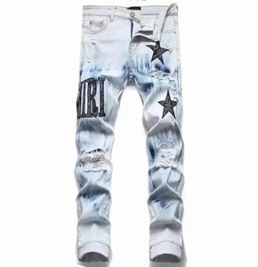 Men Jeans European Jean Hombre Letter Star Men Skinny Embroidery Patchwork Ripped mens Trend Brand Motorcycle Pant1410265