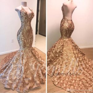 Afrikanische Gold Meerjungfrau Prom Kleider 2022 Halfter gegen Nacken 3d Blumen Schwarze Mädchen Abendkleid Langes Sweep -Zug arabische Dubai -Kleider Custom Ma 163i