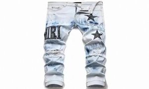 Men Jeans European Jean Hombre Letter Star Men Skinny Embroidery Patchwork Ripped mens Trend Brand Motorcycle Pant9143569