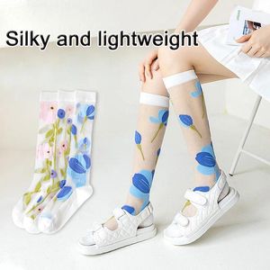 Women Socks Summer Ultra-Thin Nylon Long Transparent Thin Floral Print Japanese Kawaii Söta strumpor Söt tjej Crystal Silk Sock