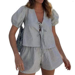 Kvinnors spårskidor Kvinnor 2 -stycken Casual Lounge Set Y2K Puff Sleeve Peplum T Shirt Tie Front Blus Tees Shorts 2st Pyjamas Matching