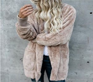 Womens Faux Fur Jackets Outerwear Winter Hooded Velvet Coats Pocket Design Loose Coats Women Clothing Warm Soft Outerwear Tops5628222