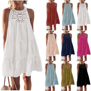 Summer Sexy Dress Women Designer damskie ubrania na plażę noszenie bez rękawów pusta koronkowa splicowana wisząca szyja sukienki A-line dziewczyny mini spódnica 8 kolorów