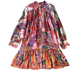 Kvinnors klänningar står krage långa lykta ärmar blommiga tryckta rufsar Sash Belt modeklänning Vestidos6396381
