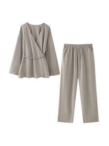 Summer Women feminino lapela dupla e jaqueta de vestido top 2024 Novo laço casual Pamas Pants Wide Perguas Conjunto de duas peças