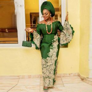 Dresses Green Evening Dresses for Women, Long Sleeves Gold Lace Appliqued African Nigeria Sheath Prom Dress Off Shoulder VNeck Special Oc