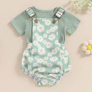 Kläderuppsättningar söta små babyflickor Summer kläder Princess Ribbed Short Sleeve T-shirt Daisy Print Ogelsägningar Shorts Set Spädbarn