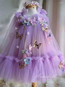 Mädchenkleider Annabelle Purple Kleid für 3d Blume Spaghetti -Gurt Hochzeitsfeier Tüll Sommergeburtstagskleid