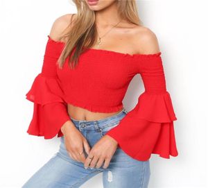 Neuankömmlinge Frauen Mode von Schulter Rüste Top Flare Ärmel Bluse Sommer sexy Ernte rot gelb Slash Hals Frauen8474895