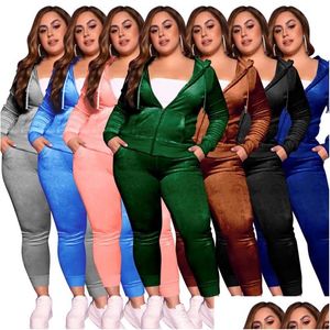 Kadınlar artı Boyut Trailtsit Sıradan Eşleştirme Hoodie Veet Fermuar Üstler Coat Tayt Pantolonu Kadın İki Parça Set Damla Teslimat Giyim Dhhesm