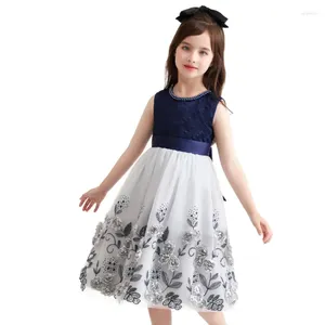 女の子のドレスサマープリンセスドレス子供の女の子美しいネイビーブルーの青い袖の花のプリント服