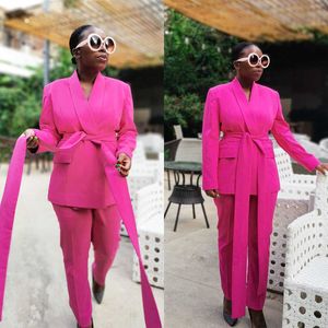 Hot Pink Women Pants Suits Custom Made Slim Fit Mother Of Bride Blazer With Belt Graduation Ceremony Attire Wear 2 Pieces