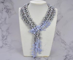 Guaiguai Jewelry 3 Strands Grey Pearl Blue Chalcedony Agates Długi naszyjnik ręcznie robiony dla kobiet prawdziwy klejnot Kamienna dama moda klejnot3510360