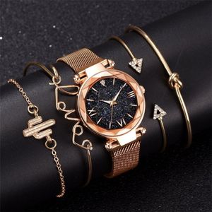Bransoletka modowa zegarek kobietom 5 szt. Zestaw luksusowy różowo złotą damę zegarek Gwiare Sky Magnet Buint Watch dla kobiet 201204 2487