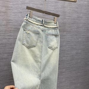 Women's Jeans 2024 Spring And Summer Denim Front Slit Long Skirt With Pearl Waist Chain (customized Belt Included) Fabric Smlxl1003