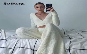 Fashion Fleece Fuzzy Cozy 2 Piece Pant Sets Women sexy Cross Tie Up Long Sleeve Crop Top and Pants Winter Clothes Loungewear 220215840949