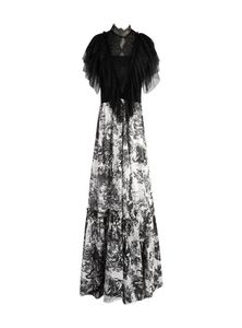 Fashionmilan Runway Dress 2019 Vintage Black Lace Ruffles Ink Animal Print Long Women Dress Designer Vestidos de Festa YY499932808