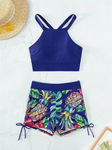 Women's Swimwear Blue Print Bikini Shorts Sets High Waist Swimsuit Sexy Push Up Tankini Vacation Drawstring Women Beachwear Bathing Suit