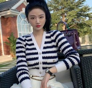 Spring 2021 new women039s dress contrast color gold line stripe short knit cardigan Vneck openchest long sleeve sweater3933015