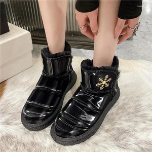 Boots 2024 White Winter Fluffy Fur Snow Women Waterproof Patent Leather Warm Thick Plush Shoes Flat Cute Snowflake Booties