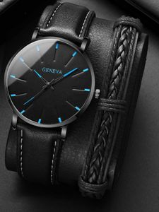 Wristwatches Watch+Bracelet 2023 Minimalist Mens Fashion Ultra Thin Watch Simple Mens Business PU Leather Strap Quartz WatchL2304