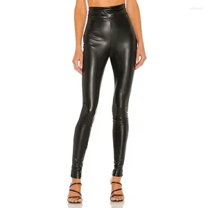 Kvinnors byxor kvinnor sexig veckad midja latex matt svart pu patent läder bodycon blyerts byxor smala mager leggings nattklubb