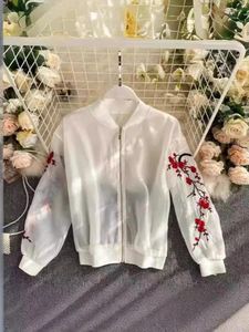 Women's Jackets Women Vintage Elegant Loose Casual Embroidery Sunscreen Top Spring/Summer Round Neck Lantern Sleeves Zipper Mesh Coat