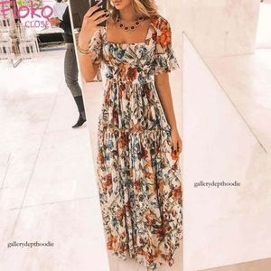 2024 Casual Dresses Flokocloset Summer Bohemian Print Maxi Dress for Women 2022 Square Collar Design Short Sleeve Party Long Sundress S