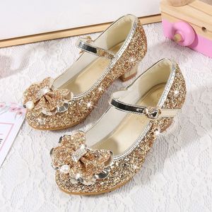 2024 Prinzessin Bowknot Lederschuhe Mode Girls Party Dance Kinder Diamond High Heel Kinder Mädchen Glitter 240516