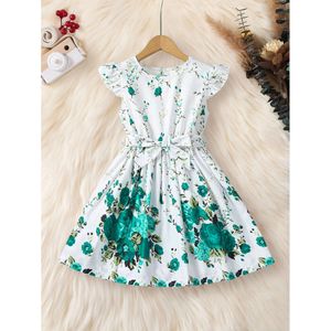 Summer Girls Dress Green Flower Belos Rleeves Modne Modne ubranie dla dzieci 4-7Y L2405