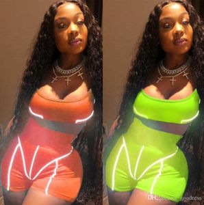 Kvinnor Reflective Strip 2 Two Pieces Tracksuit Summer Neon Color Short Sleeve Crop Top Biker Shorts Matching Set Outfits Sportswear3861678