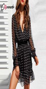 Conmoto Lace Mesh Long Sleeves Black Vneck Polka Dot Women Summer Casual Ruffle Sexy Shirt Dress Vestidos Q1905112287349