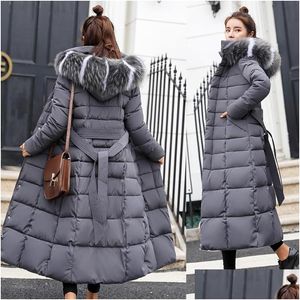 Women'S Down & Parkas Womens Cotton Solid Fl Pockets Zippers Female Long Coat Slim Parka Padded Jacket Winter Thick Warm Windbreaker D Dhwnl