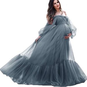 Puffy Sleeve Maternity Dress Tulle Robe With Underskirt for Photoshoot Off Shoulder Pregnancy Baby Shower Gown