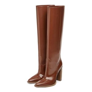2024 Lady Leather Martin Boots Square chunky wooden cheels knight leghed pattern pattern women knee-high bynes the toes stoes long knee wedder shiz 34-43