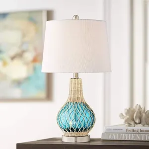 Table Lamps Coastal Accent Lamp With Nightlight LED 22.75" High Rope Blue Glass Gourd White Fabric Drum Shade Decor For Living Room