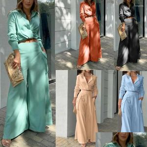 Womens Two Piece Pants 2 Set Suits 2023 Women Shirt Eleganttrousers Female Long Sleeve And Wide Leg Straight Streetwear Drop Deliver Dhcnq