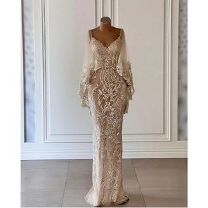 Mermaid Prom Champagne Dresses Spaghetti Straps V Neck Cape Shiny Sequins Appliques Lace Hollow Train Evening Plus Size Formal Party Gowns Custom Made