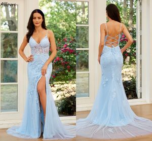 Lekkie niebieskie tiulowe syrenę wieczorowe sukienki spaghetti z koronkowymi aplikacjami bez rękawów kobiety formalne suknie imprezowe seksowne dzielone sznurka