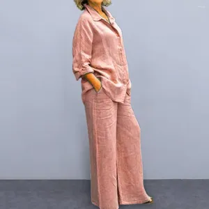 Women's Two Piece Pants Cozy Single-Breasted Cotton Blend Long Shirt Trousers Casual Loungewear Set Breathable Suit Women Clothing