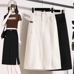 Skirts Leather Patches Split Denim Woman Stretch High Waist Patchwork Classic A-line Casual Calf Length Skirt Mujer Summer White