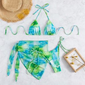 Frauen Badekleidung Badeanzug Krawattenfarbstoff Dreieck Cup up sexy Bikini -Oberteil mit umschleudertem Boden 3 -teiliges Set 2024 Trend