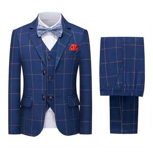 Suits Boys Slim Fit Formal Plaid Suit Set Kids Blazer Vest Pants Bowtie Outfit Child Wedding Birthday Photography Performance Costume Y240516