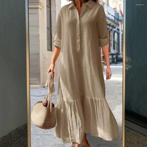 Casual Dresses Women Long Shirt Dress Lapel Sleeve Ruffle Cleated Loose A-Line Big Hem Half Single-Breasted Thin Maxi Vestido