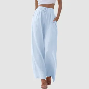 Women's Pants Summer Wide Leg Women Elastic Waistband Loose Cotton Linen Female Solid Yoga Sports Bohemian Beach