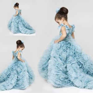 Cute Fluffy Flower Girl Dresses Jewel Neck Appliqued Sequins Bow Sleeveless Girl Pageant Gowns Ruffle Sweep Train Tulle Birthday Gowns 314r