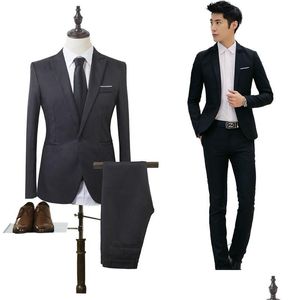 Mens Suits Blazers 2 Pieces Business Blazeraddpants Suit Sets Men Autumn Fashion Solid Slim Wedding Set Vintage Classic Blazer Drop Dhguc