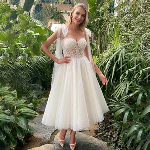 2024 Tulle Short Bride Wedding Dresses Sweetheart 3D Flower A-Line Bow Lace Mordern Te Längd Princess Bride klänning Vestidos de Novia