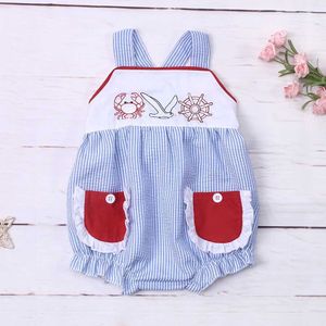 Rompers 2023 New Summer sleeveless baby girl jumpsuit with blue stripes square neckline tight fitting clothing animal embroidery integrated clothing d240516